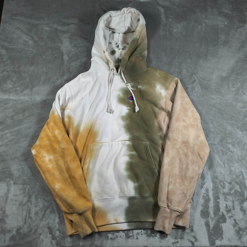 Champion Reverse Weave Hoodie Mens Medium White Brown Pullover Tie Dye Colorful